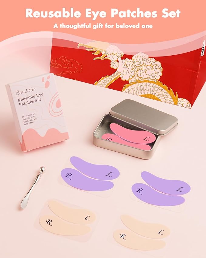 5 Pairs Reusable Under Eye Wrinkle Patches Silicone Mask, Plump Fine Lines & Wrinkles, with Metal Eye Cream Applicator, Tin Case, Purple&Pink&Cream