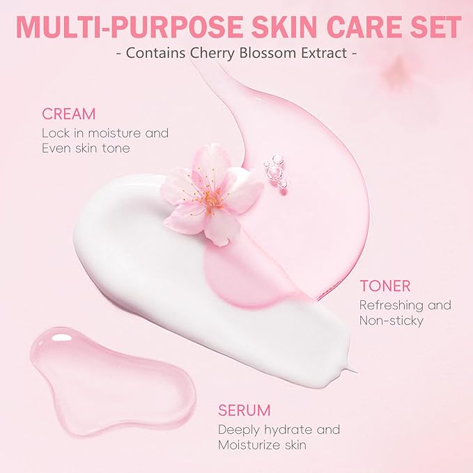 Skin Care Set for Women Girls, Cherry Blossoms Beauty Gift Sets for Intense Hydration, Face Skin Care Kit with Cleanser, Toner, Serum, Eye Cream, Face Cream - 8Pcs Skin Care Routine Kit