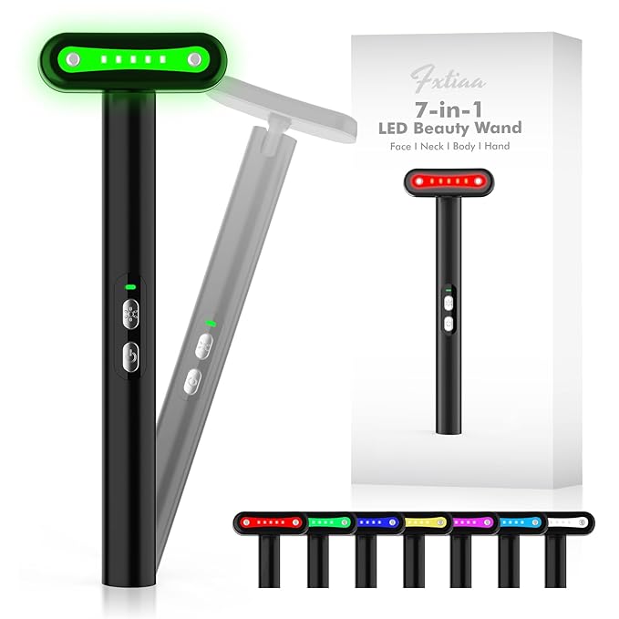 Led-Light-Therapy, 7 Color Face Skincare Wand with Facial Massager LED Face Skin Rejuvenation for Face & Neck & Eye Skincare Equipment Red Light Wand（Green）
