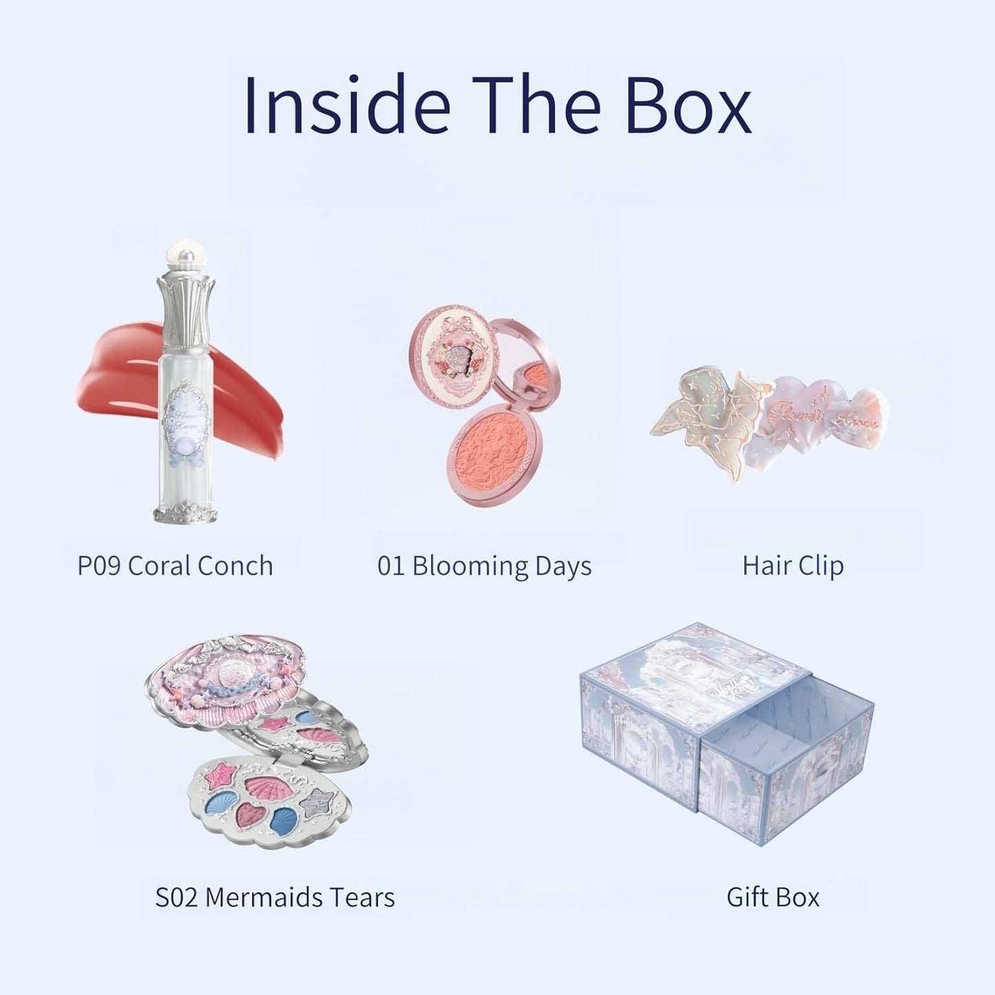 Flower Knows Tide & Twilight Treasures 5 Pack Makeup Gift Set,Lip Glaze*1+Blush*1+Eyeshadow*1+Hair Clip*1+Gift Box*1,Perfect Makeup Gift for Girls & Women