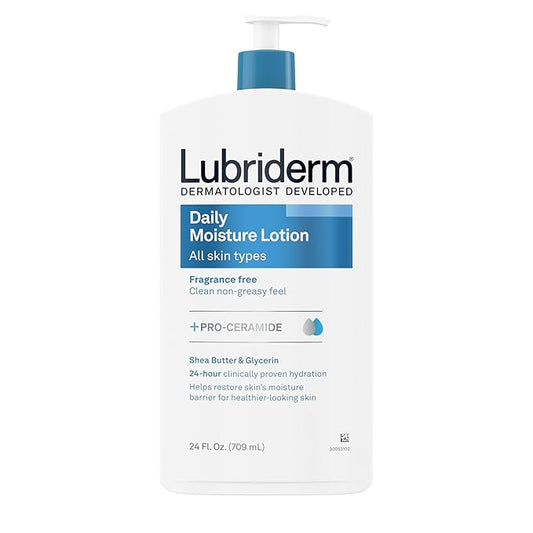 Lubriderm Fragrance Free Daily Moisture Lotion + Pro-Ceramide, Shea Butter & Glycerin, Face, Hand & Body Lotion for Sensitive Skin, Hydrating Lotion for Healthier-Looking Skin, 24 fl. oz