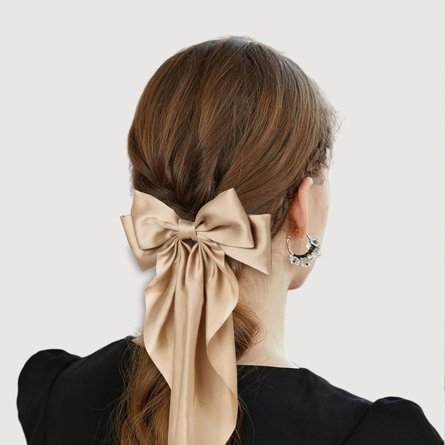 Silky Satin Hair Bows for Women Girls - 4PCS Ribbon Bows for Hair, Big Bow Hair Clips with Long Tail, Barrettes - Cute Hair Accessories Gifts (Black, Brown, Khaki, Beige)