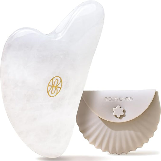 Rena Chris Gua Sha Facial Tools-Ergonomic White Jade Gua Sha for Face Massage, Jawline Sculpting & Puffiness Reduction with Silicone Case (White)