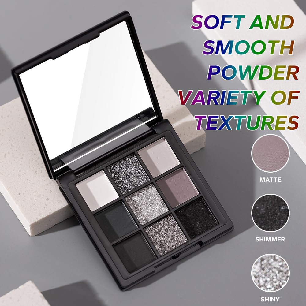 9 Color Smokey Eyeshadow Palette - Highly Pigmented Matte & Glitter Shades, Long-Lasting, Waterproof & Blendable, Black Silver Gray Eyeshadow Set for Sultry Glam (Reversal Star Smokey)