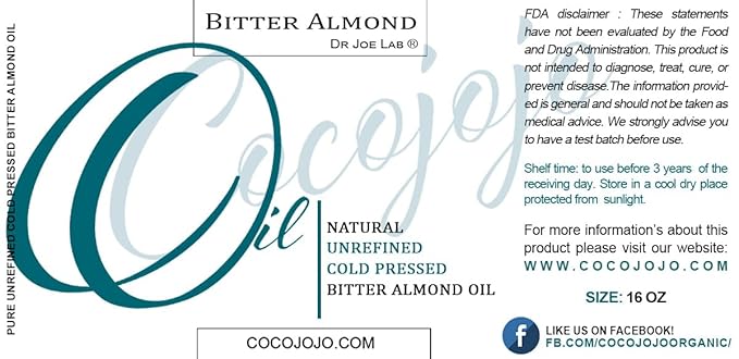 Dr Joe Lab Bitter Almond Oil - 16 oz - Pure Natural Sourced Non-GMO Bulk Carrier Oil - for Skin, Hair, Body, Nails, Face, Arms & Legs - Hydrates, Nourishes, Moisturizes