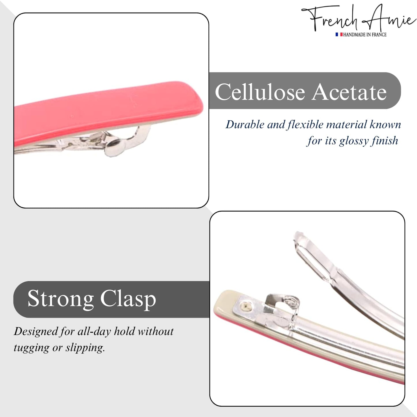 French Amie Long and Thin Rose Pink Large 4” Handmade Celluloid Automatic Sleek Hair Clip Barrette for Women and Girls (Rose Pink)