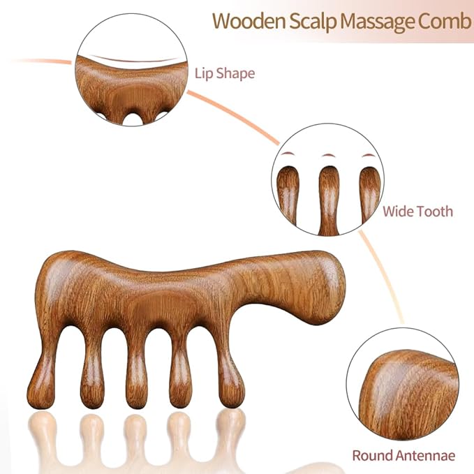 Wooden Massage Comb Scalp Massager - 2 Pack Sandalwood Loc Wide Tooth Detangler for Wet or Dry Hair - Manual Wood Massage Tools for Head Neck Back Hand - Hair Care Gift for Women