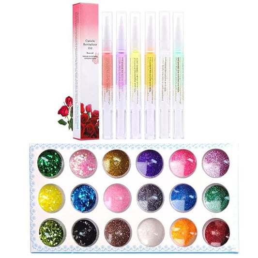 6Pcs Nail Cuticle Oils Nutrition Oil Pen and 18Colour Nail Glitter for Dazzling Nail Art Professional Quality Glitter for Nails