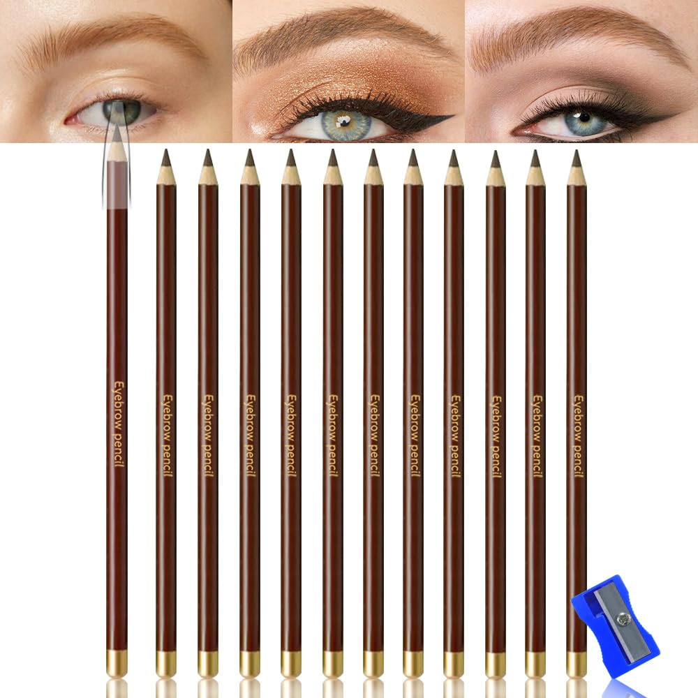 12Pcs Long Eyebrow Pencils Set, Coffee Natural Look,for Eyebrows & Eyeliner,Waterproof & Sweat-Proof Wooden Hard-Core Brow Pencil with Sharpener,Long Lasting Makeup Kit for Beginners104#