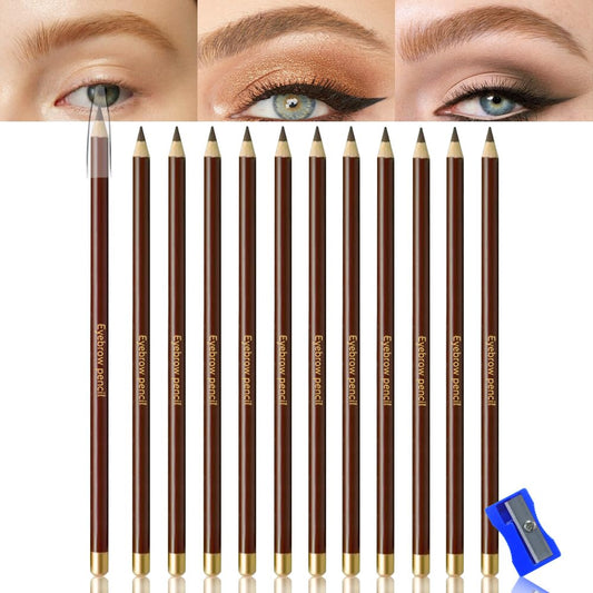 12Pcs Long Eyebrow Pencils Set, Coffee Natural Look,for Eyebrows & Eyeliner,Waterproof & Sweat-Proof Wooden Hard-Core Brow Pencil with Sharpener,Long Lasting Makeup Kit for Beginners104#