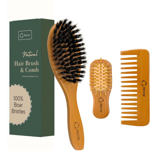 Boar Bristle Hair Brush Set For Women-100% Natural Boar Bristle Brush+Small Travel HairBrush+Bamboo Wide Tooth Comb For Thick Curly Thin Hair Smoothing Massaging Detangling. Restore Shine And Texture.