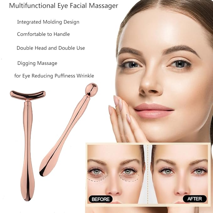 2 Pcs Metal Eye Cream Applicator Wand Stick, Eye Cream Roller Stick T-Shaped Massage Wand Makeup Spoon Set,Eye Facial Massager,Skin Care Tool for Eye Reducing Puffiness Wrinkle (Rose Gold)