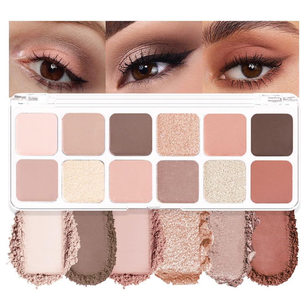 AMY'S DIARY 12 Colors Nude Eyeshadow Palette – Matte & Shimmer Natural Warm Tones for Everyday Makeup – Long-Lasting Blendable Soft Pigment Eye Shadow Set for Brown Eyes