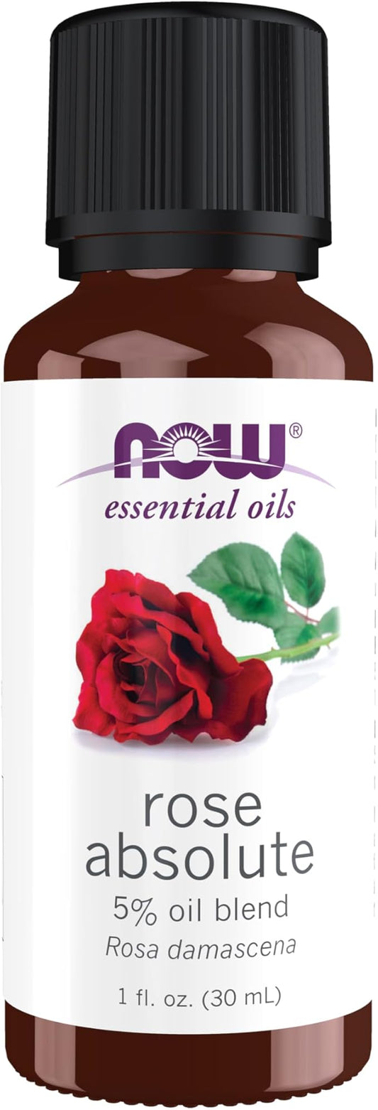 NOW Essential Oils, Rose Absolute, 5% Blend of Pure Rose Absolute Oil in Pure Jojoba Oil, Romantic Aromatherapy Scent, Vegan, Child Resistant Cap, 1-Ounce