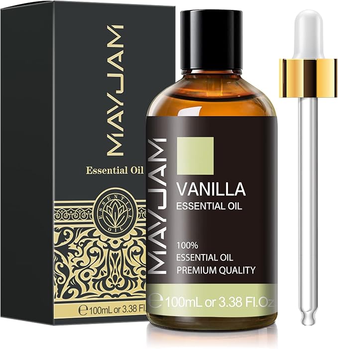 Vanilla Essential Oil, 3.38FL.OZ Pure Essential Oils with Glass Dropper, Large Volume Vanilla Oil, Perfect for Massage, DIY Candle and Soap Making (100ML)