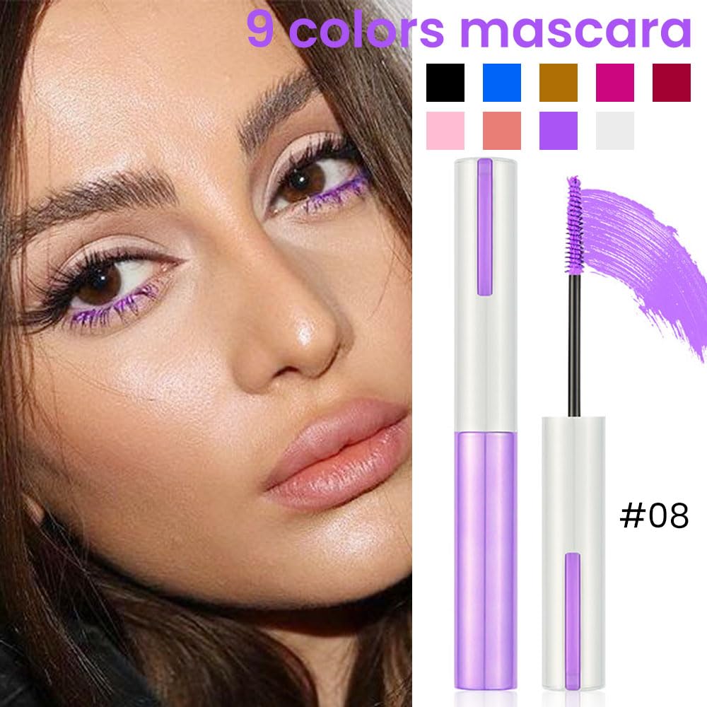 Colored Mascara for Eyelashes with Comb Set, Colorful Waterproof Plum Mascara Long lasting Charming Voluminous for Women Cruelty Free Vegan Eye Makeup (C-1Pc 08#grape purple, C)