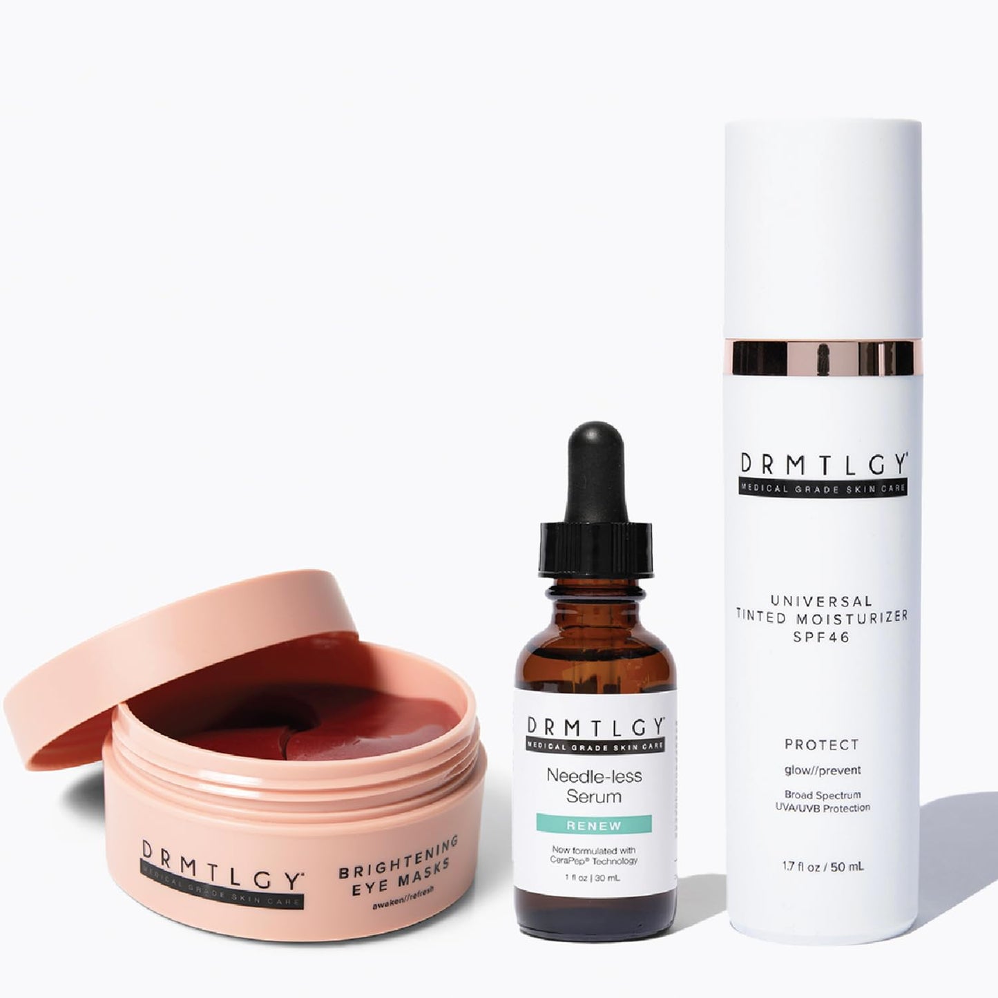 DRMTLGY Best Sellers Bundle: Brightening Eye Masks, Needle-less Serum, & Anti-Aging Tinted Moisturizer with SPF 46