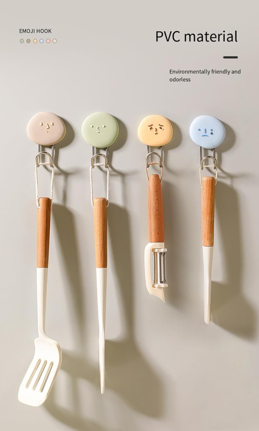 Smiley Face Adhesive Wall Hooks - 11lb/5kg Heavy Duty Hold, No Drill Damage Free Removable Hooks for Kitchen, Bathroom, Dorm - 2 Pack (Cream & Blush)