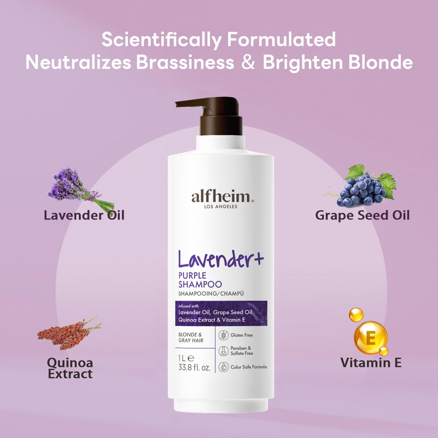ALFHEIM Lavender+ Purple Shampoo for Blonde, Silver & Color-Treated Hair – Neutralizes Brass & Yellow Tones, Brightens Cool Shades – with Quinoa Extract & Vitamin E – Sulfate Free – 33.8 oz
