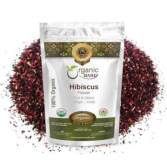 Organic Way Dried Hibiscus Flower Cut & Sifted (Hibiscus rosa-sinensis) | Herbal Tea - Organic & Kosher Certified | Raw, Vegan, Non GMO & Gluten Free | USDA Certified | Origin - India (1LBS / 16Oz)