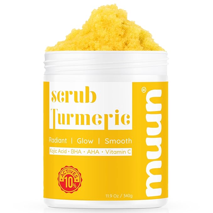 Muun Turmeric Scrub with Kojic Acid AHA/BHA Face &Body - Exfoliator Dark spot Remover- Ingrown Hair Treatment Bikini Area Inner Thighs Armpit Underarm Exfoliating