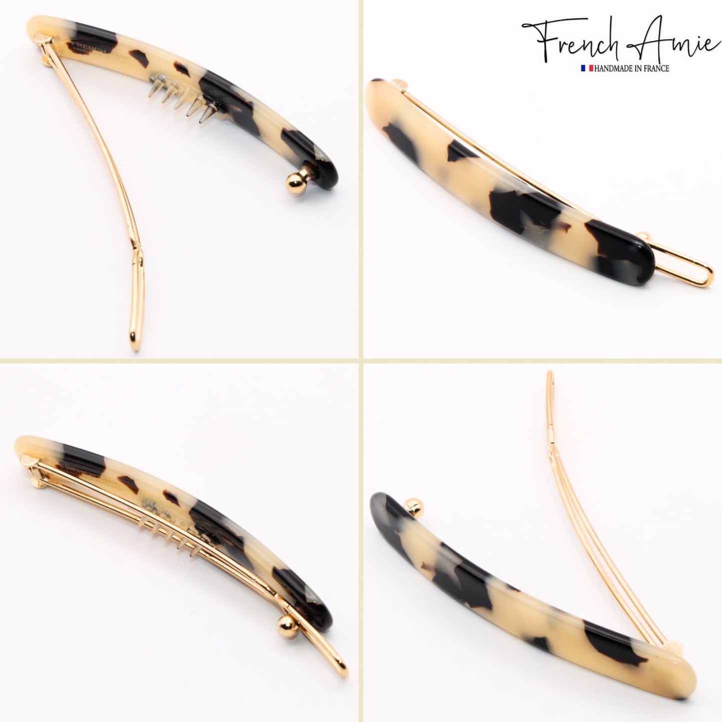 French Amie Rounded Oblong Small 2.5" Cellulose Set of 2 French Hair Clips Tige Boule Handmade Girls Side Slide-in Hair Barrette Clip (White Tokyo)