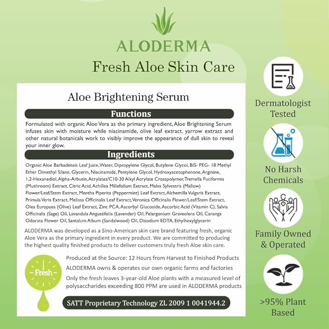 Aloderma Aloe Brightening Serum for Face Made with 65% Organic Aloe Vera + Niacinamide & Vitamin C for Bright, Luminous Skin - Natural Serum to Hydrate & Revitalize Dull, Tired Skin, 1.7oz