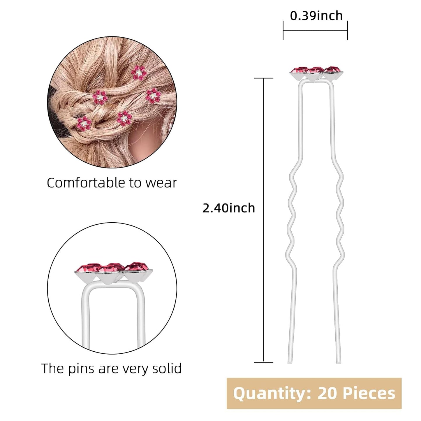 20 Pack (Pink) Crystal Flower Hair Pins Rhinestone Hair Clips for Bridal Wedding Women Hair Jewelry Accessories, with Clear Container
