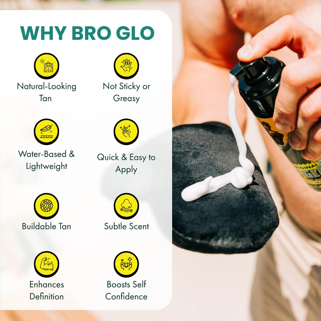 Bro Glo Self Tanner for The Boys - Quick Application Foam Mousse Easy Sunless Tan For Face and Body Oil Free Water Based Faster Skin Drying Natural Sun Kissed Bronze Color Perfect Men - 6.76 FL oz