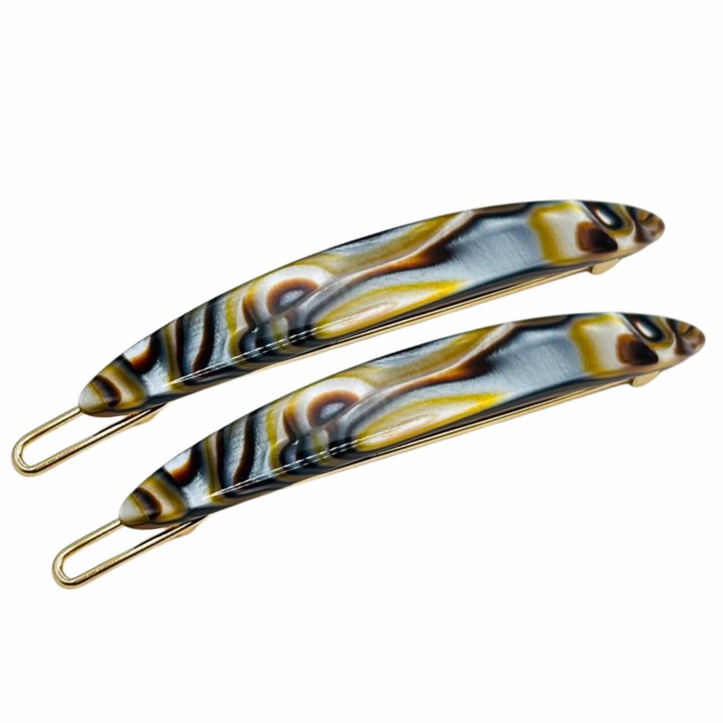 French Amie Narrow Oblong Small 2 1/4" Celluloid Acetate Set of 2 Side Slide In Hair Clip Barrettes with Tige Boule Clasp for Girls and Women, Made in France (Onyx Silver Grey)