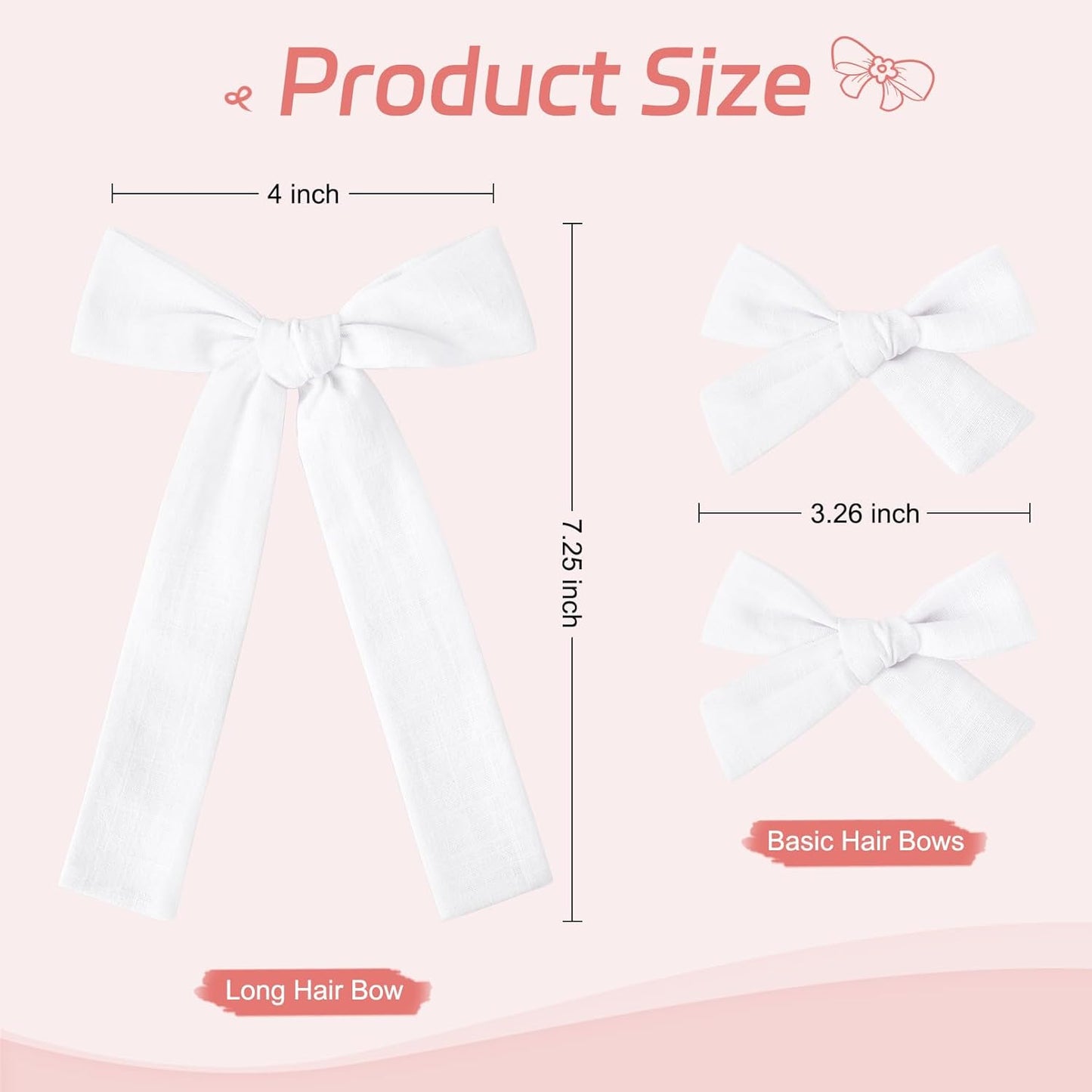 DEEKA White Cotton Linen Hair Bows 2 Sizes 5"&3.5" Soft Hair Bow set for Toddler Girls Long Ponytail Knot Bows Alligator Clip Hair Accessories for Little School Girls (White)