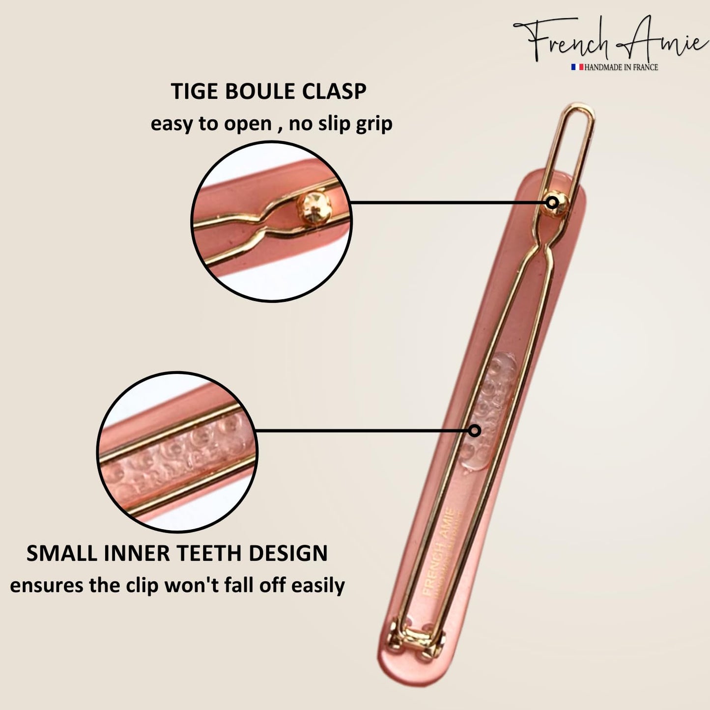 French Amie Rounded Oblong 2.5" Cellulose Side Hair Clips (Set of 2) – Handmade French Tige Boule Slide in Pink Barrettes for Girls & Women – Blush Pink