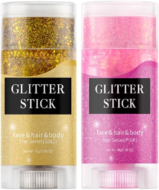2 Color Face Glitter Stick,Holographic Sequins Paint Sparkling Body Glitter Gel Makeup for Women. (Pink and Gold face Glitter Stick)