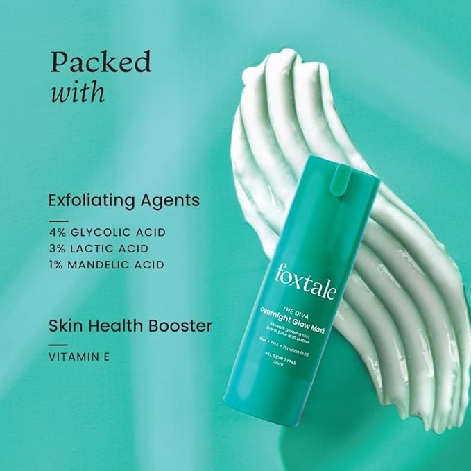 Foxtale The Diva Overnight Glow Mask, 4% Glycolic Acid, 3% Lactic Acid, 30 Second Salon like Brightening Facial for Clear, Smooth & Soft Skin, Men & Women - 1.05Oz