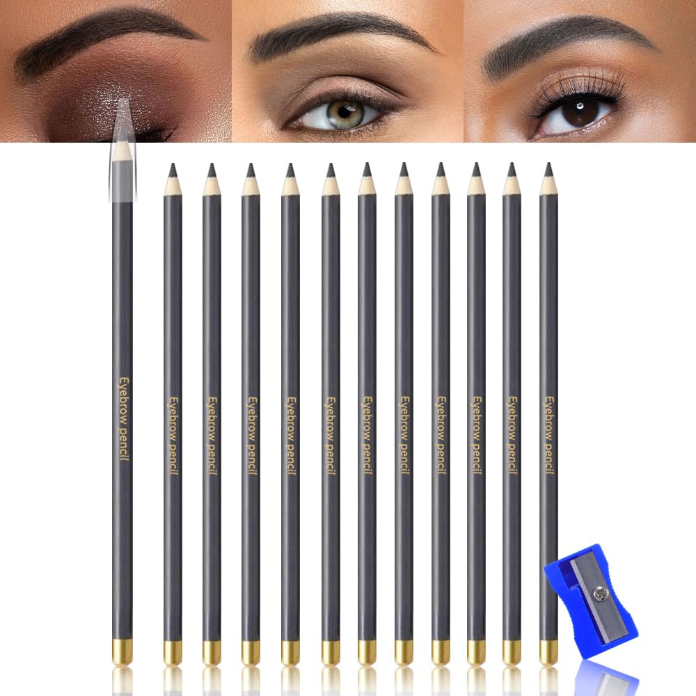 12Pcs Long Eyebrow Pencils Set - Gray Natural Look, for Eyebrows & Eyeliner, Waterproof & Sweat-Proof Wooden Hard-Core Brow Pencil with Sharpener, Long Lasting Makeup Kit for Beginners 101#