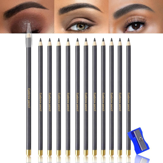 12Pcs Long Eyebrow Pencils Set - Gray Natural Look, for Eyebrows & Eyeliner, Waterproof & Sweat-Proof Wooden Hard-Core Brow Pencil with Sharpener, Long Lasting Makeup Kit for Beginners 101#