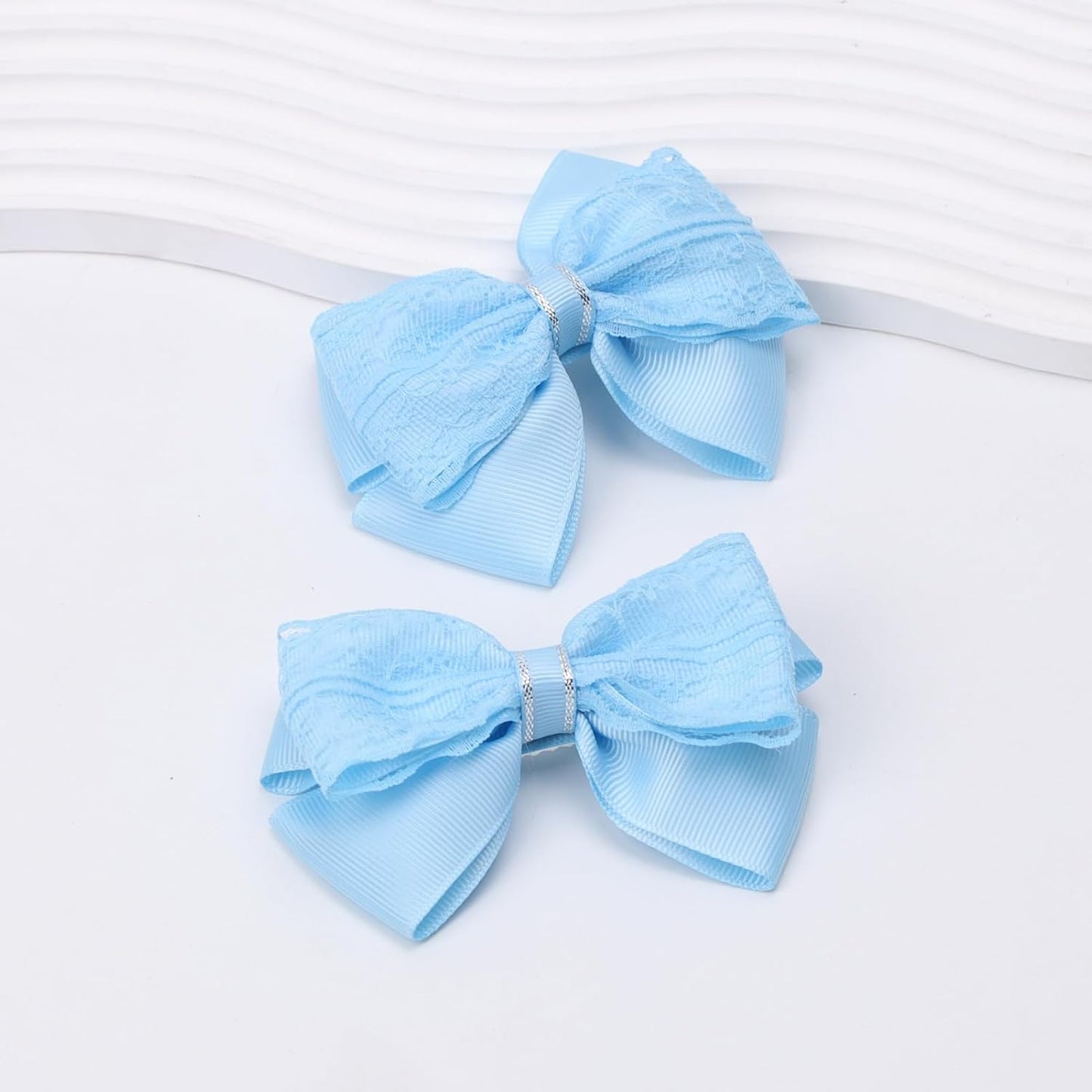 4-Inch Hair Bows Alligator Clips Delicate Lace Hair Accessories for Girls, Toddler, Kids and Women Daily Dress Up Birthday Wedding Christmas Occasions- Set of 2 (Blue)
