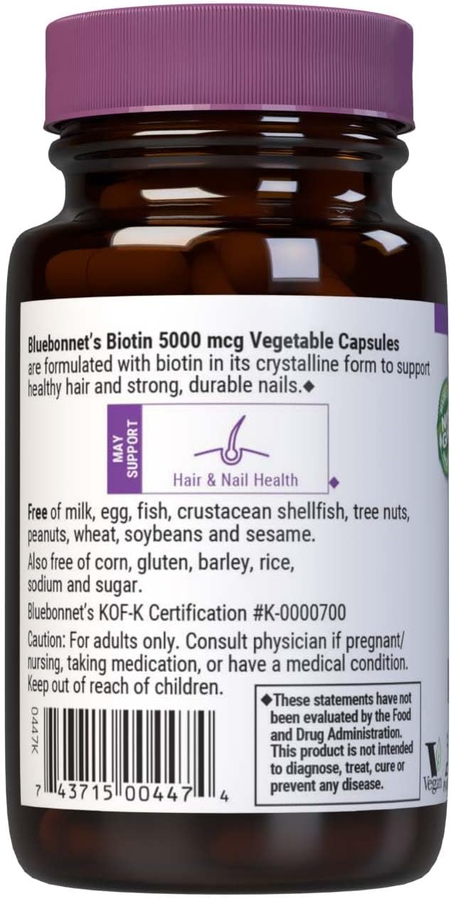 Bluebonnet Nutrition Biotin 5000 mcg, Hair & Nail Support*, Non-GMO, Vegan, Kosher Certified, Gluten-Free, Soy-Free, Dairy-Free, 60 Vegetable Capsules, 60 Servings
