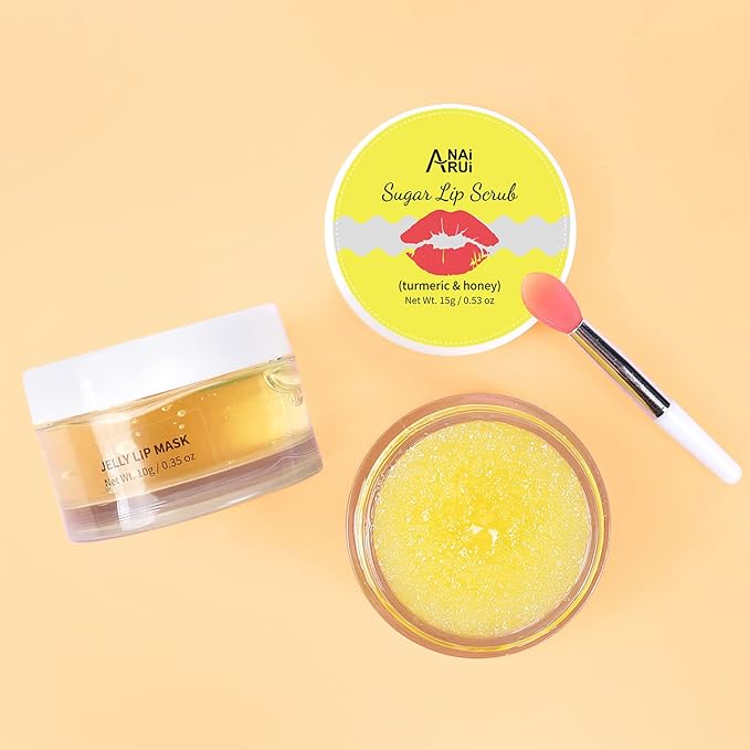 ANAIRUI Lip Therapy Set - Lip Care Kit - Includes Sugar Lip Scrub & Jelly Lip Sleep Mask, Lips Balm & Moisturizer, Dark Lip Care, Moisturizing for Fuller, Softer Lips (Turmeric & Honey)