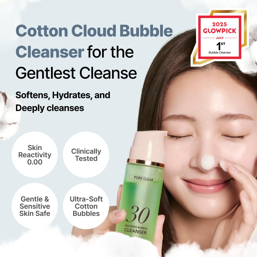 MENOKIN Cotton Cloud Bubble Cleanser [Pore Clear] Green Clay, Low pH, Deep Pore Cleanser for Sensitive Skin, Hydrating & Non-Stripping, Gentle Face Wash, Foaming bubbles, Korean Skincare 5.07 fl oz