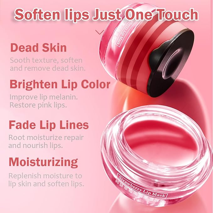 2PCS Strawberry & Honey Lip Balm, Hydrating Propolis Sleeping Mask, Moisturizing & Prevention of Dry and Cracked Skin, Scrubs Exfoliator, Repair Nourishes the Lip