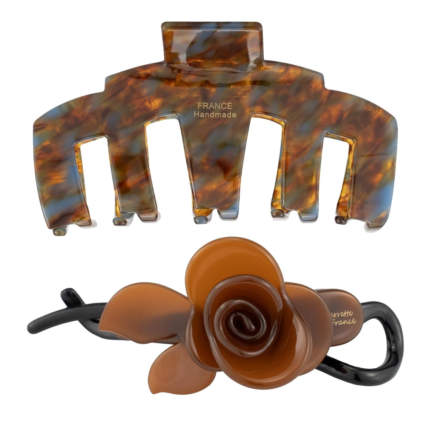 2 Pack French Handmade Tortoise Shell Acetate Claw Clip & Rose Hair Clip Set, Luxury Style Large Hair Claw Clips for Women