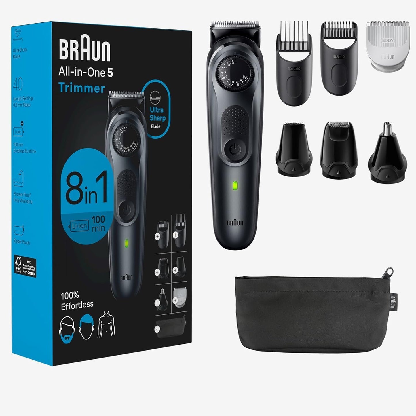 Braun All-in-One Style Kit Series 5 5480, 8-in-1 Trimmer for Men with Beard Trimmer, Body Trimmer for Manscaping, Hair Clippers & More, Ultra-Sharp Blade, 40 Length Settings, Waterproof