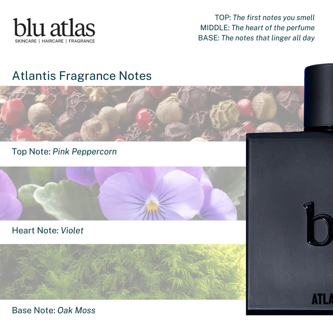 Blu Atlas Atlantis Eau De Parfum for Men- Long-lasting Citrus and Aquatic Cologne With Bergamot, Lavender and Musk, Clean Ingredients, 100 ml Masculine Fragrance Inspired by Bali