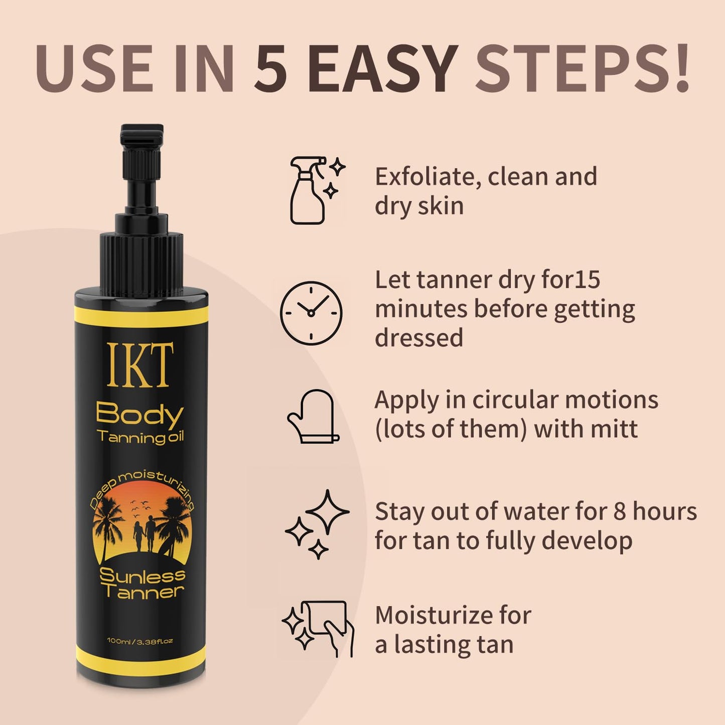 FUNAN Self Tanner Tanning Oil Kit, Deep Moisturizing Sunless Tanner with Application Mitt, Even & Natural Bronzing Self Tan for Face & Body, 3.38 fl oz