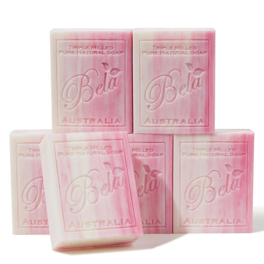 BELA Pomegranate Soap 3.3 OZ Pack of 6, Long Lasting French Triple Milled Bar Soap with Organic Shea Butter, Hand, Face and Body Wash Bar, Made in Australia