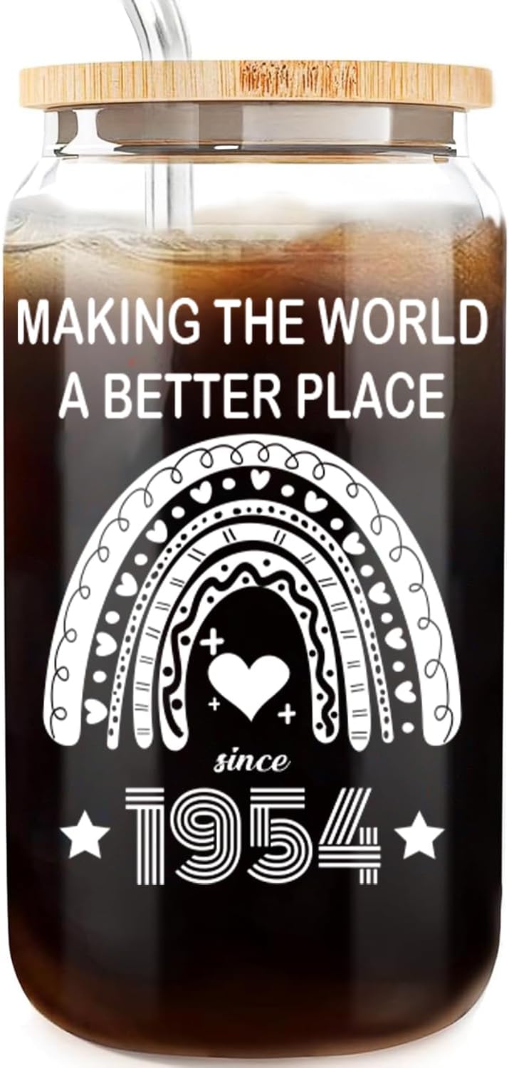 70th Birthday Gifts for Women 70 Year Old Birthday Cups for Her 1954 Birthday Present Happy 70th Birthday Glass Cups with Lids and Straws 70th Birthday Gifts Ideas Anniversary Party 16 Oz Can Glass