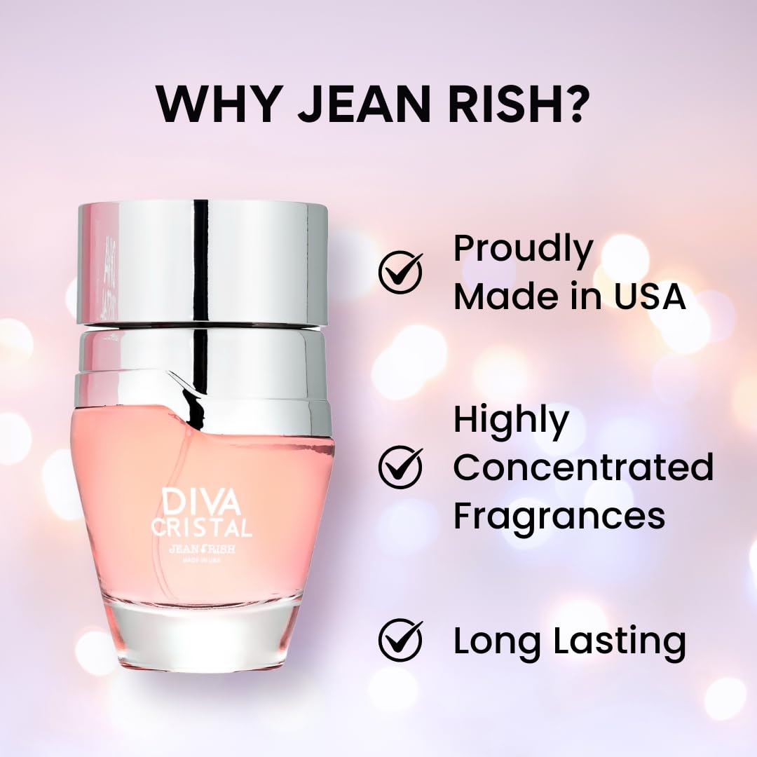 Jean Rish Diva Cristal Perfume for Women, Eau De Parfum (3.4 Fl Oz / 100ml) with Lychee, Turkish Rose, Cashmeran Notes - Long Lasting and Luxury Fragrance, Made in USA