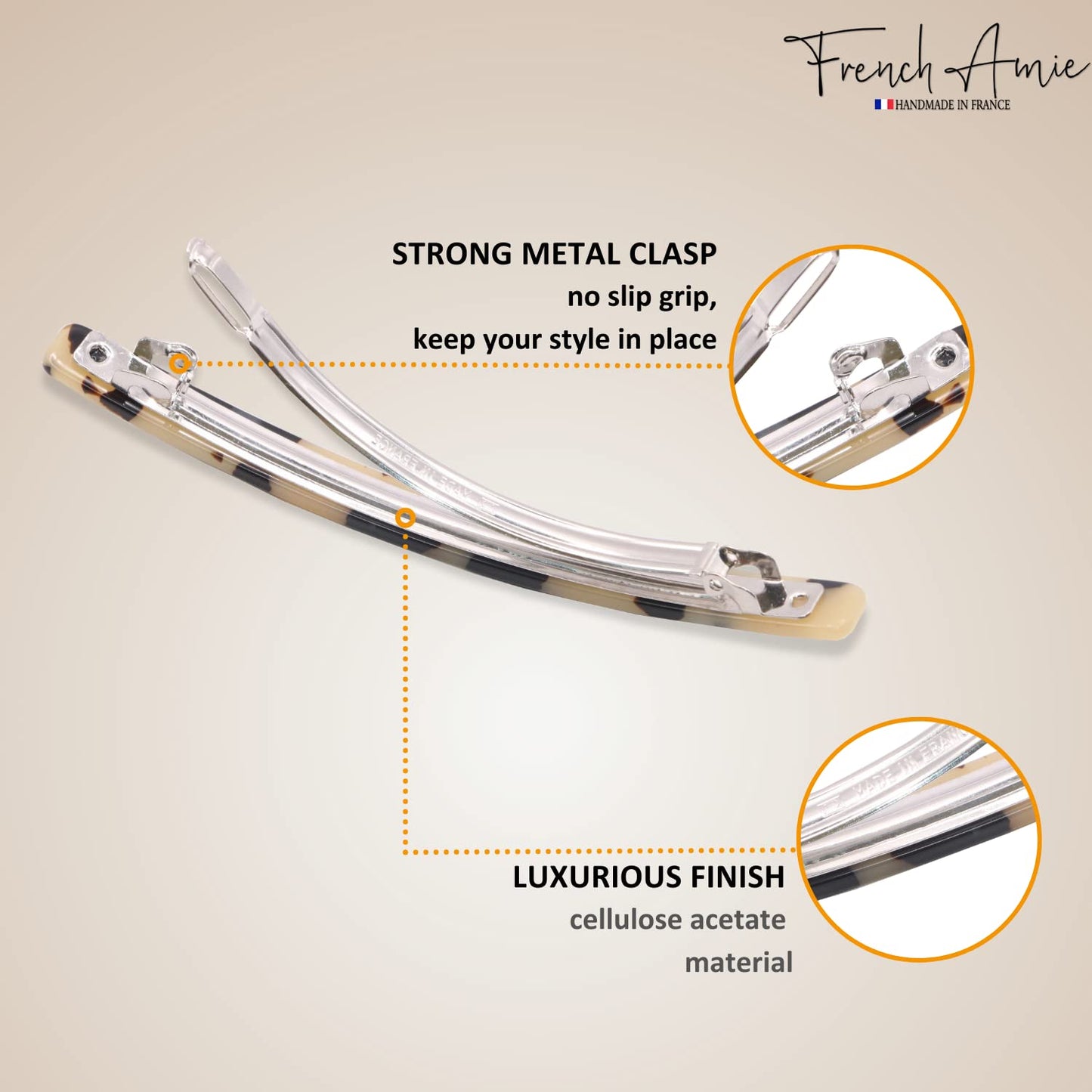 French Amie Long and Thin White Tokyo Large 4” Handmade Celluloid Automatic Hair Clip Barrette for Women and Girls (White Tokyo)