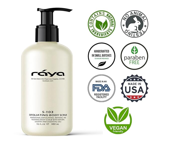 RAYA Exfoliating Body Scrub 16 oz (S-103) | Exfoliating, Refining, and Polishing Body Scrub | Made with Natural Loofah and Essential Oils | Relieves Ingrown Hairs